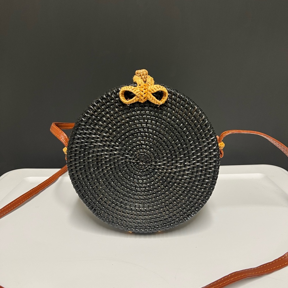 Black and Brown straw Round Bag crossbody
